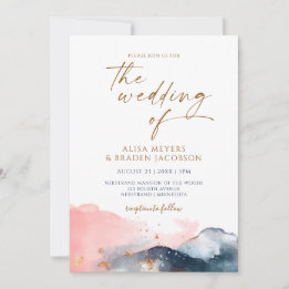 Convite Casamento na Montanha Moderno Aquarela Azul Rosa D