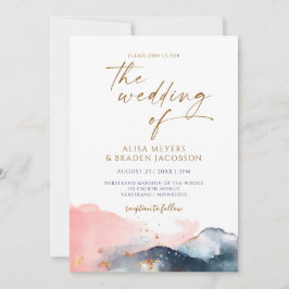 Convite Casamento na Montanha Moderno Aquarela Azul Rosa D