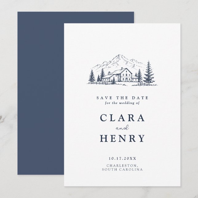 Convite Casamento na Montanha Navy Save the Date (Frente/Verso)