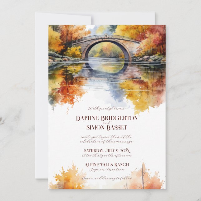 Convite Casamento na Ponte da Floresta de Outono (Frente)