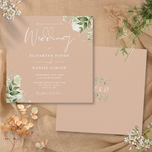 Convite Casamento na Praça do Monograma Floral de Tan Gree (Tan Greenery Floral Monogram Square Wedding Invitation)