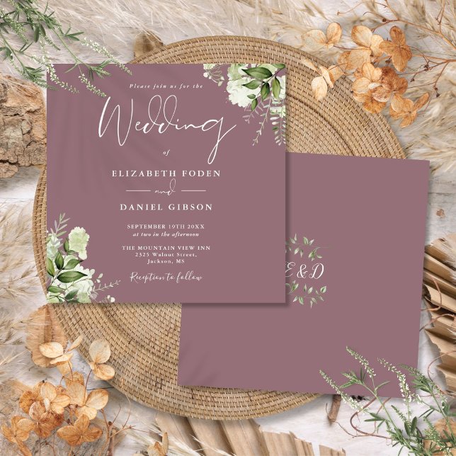 Convite Casamento na Praça Monograma Floral Mauve Greenery (Mauve Greenery Floral Monogram Square Wedding Invitation)