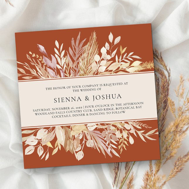 Convite Casamento na Praça Terracotta Cream (Square Wedding Invitation Templage in burnt orange with cream foliage available printed or digital)