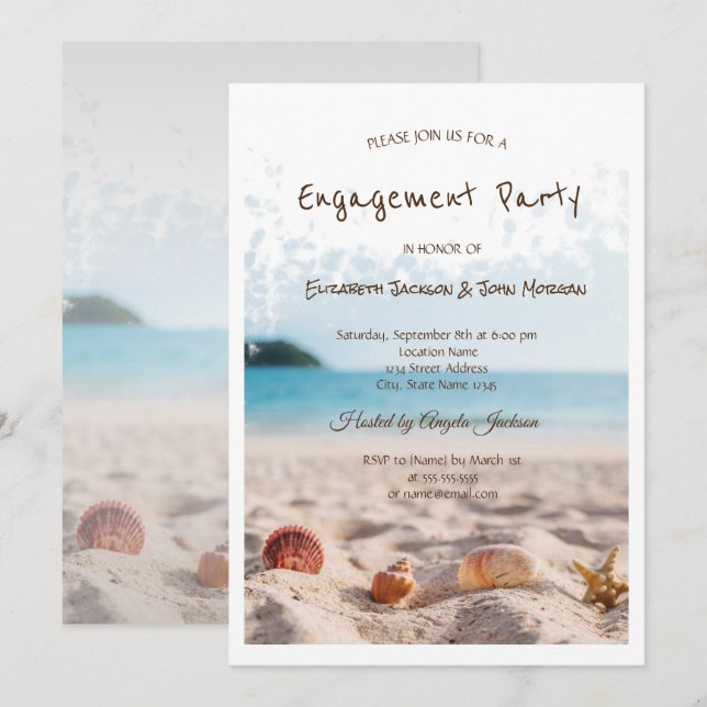 Convite Casamento na Praia, Areia, Conchas de Noivado (Frente/Verso)