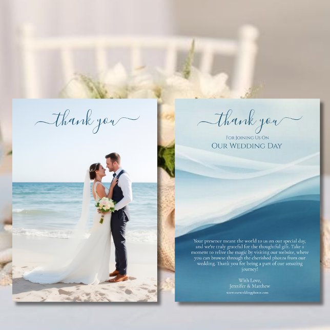 Convite Casamento na Praia Azul Sereno Obrigado  (Serene Blue Abstract Wedding Thank You Card )