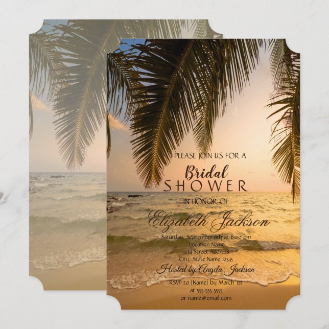 Convite Casamento na Praia, Chuveiro de Noiva ao Pôr do So (Frente/Verso)