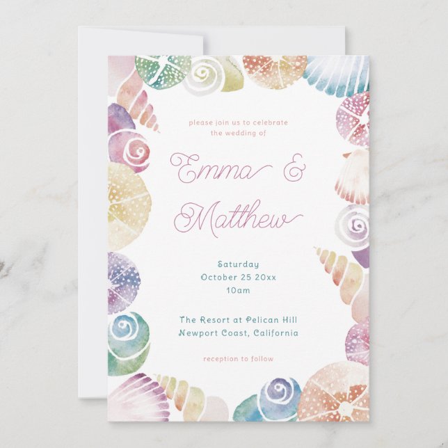 Convite Casamento na Praia com Aquarela Caprichosa sob o M (Frente)