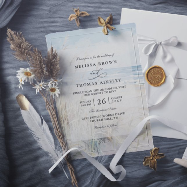 Convite Casamento na Praia com Código QR em Aquarela Moder (Criador carregado)