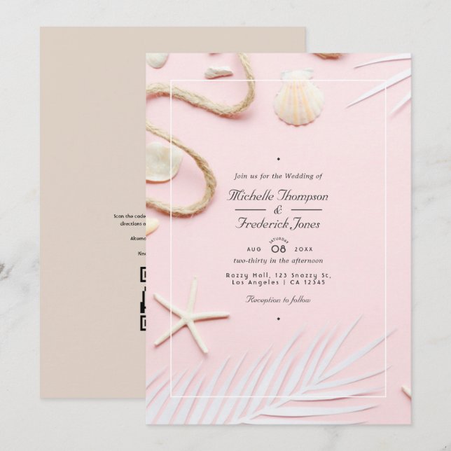 Convite Casamento na Praia com Código QR para RSVP em Rosa (Frente/Verso)