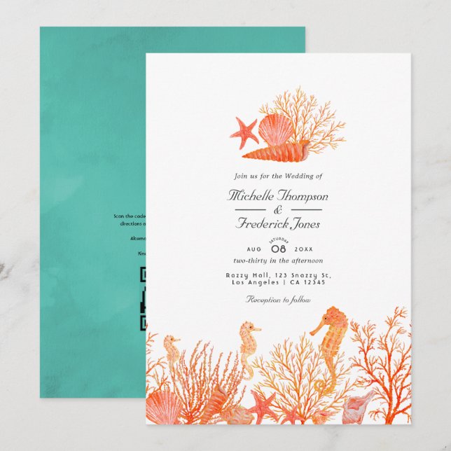 Convite Casamento na Praia com Código QR para RSVP em Turq (Frente/Verso)