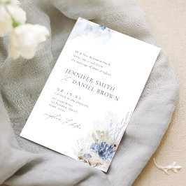 Convite Casamento na praia com coral em aquarela azul e co