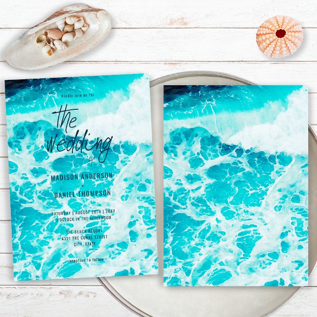 Convite Casamento na Praia com Espuma do Oceano Azul de Ve (Criador carregado)