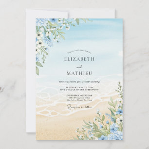 Convite Casamento na Praia com Floral Azul Céu