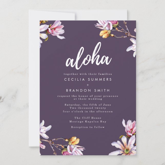 Convite Casamento na Praia com Flores Tropicais do Havaí (Frente)