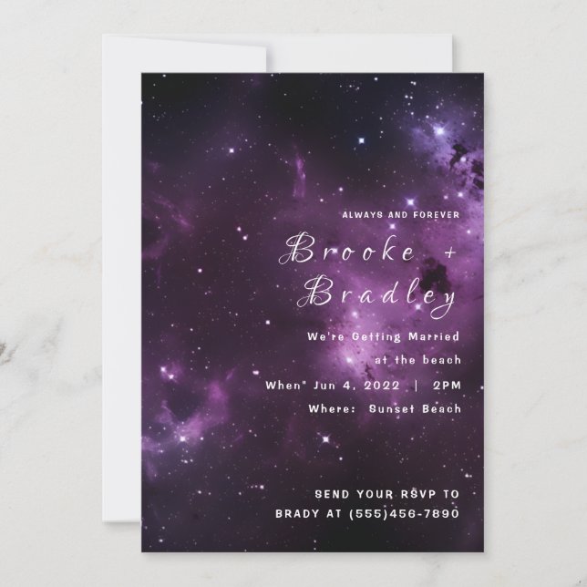 Convite Casamento na Praia com Nebulosa Roxa Escura (Frente)