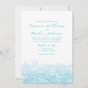 Convite Casamento na Praia com Ondas Azuis Aqua