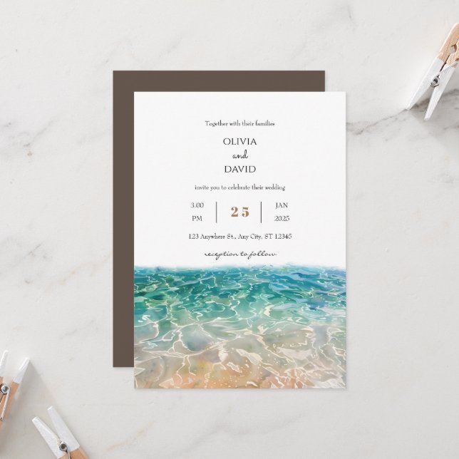 Convite Casamento na Praia com Ondas de Oceano Cristalinas (Frente/Verso In Situ)