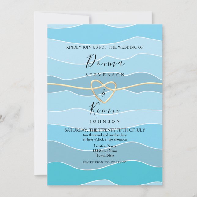 Convite Casamento na Praia com Ondas do Oceano Azul Boho (Frente)