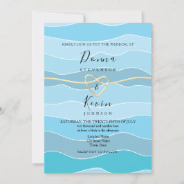 Convite Casamento na Praia com Ondas do Oceano Azul Boho