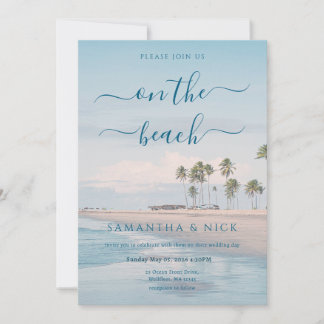 Convite Casamento na Praia com Palmeira e Oceano Azul