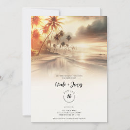 Convite Casamento na Praia com Palmeiras e Pôr do Sol Lara