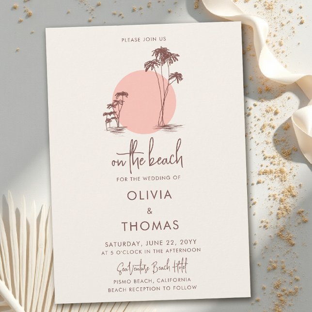 Convite Casamento na Praia com Palmeiras, Sol Rosa e Areia (beach wedding invitation tropical palm trees pink sun sand beige hand drawn modern calligraphy)