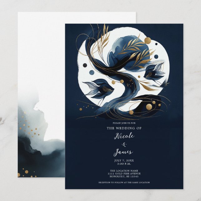 Convite Casamento na Praia com Peixes Azul Marinho e Doura (Frente/Verso)