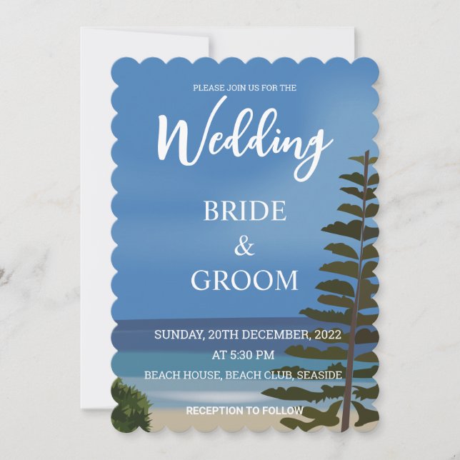 Convite Casamento na Praia com Pinheiro à Beira-Mar (Frente)