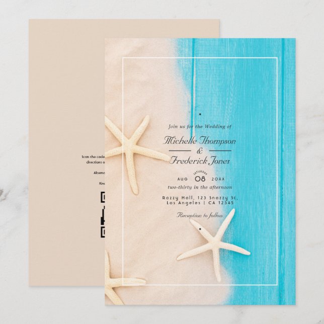 Convite Casamento na Praia com QR Code RSVP Verão Rústico (Frente/Verso)