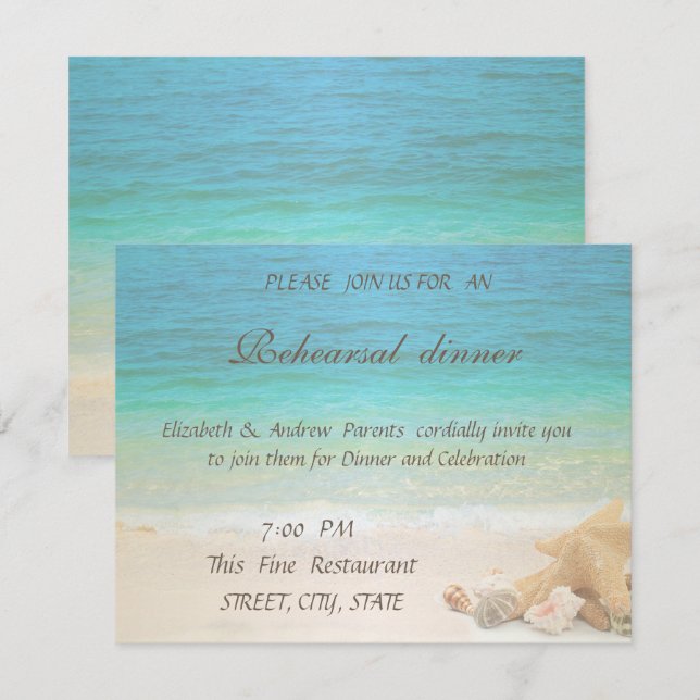 Convite Casamento na Praia Conchas Marinhas Jantar de Ensa (Frente/Verso)