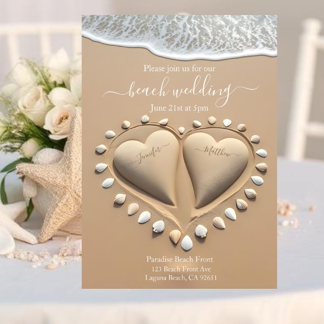 Convite Casamento na Praia-Corações de Areia (Beach Wedding-Sand Hearts Invitation)