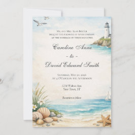 Convite Casamento na Praia Costeira à Beira-Mar com Aquare