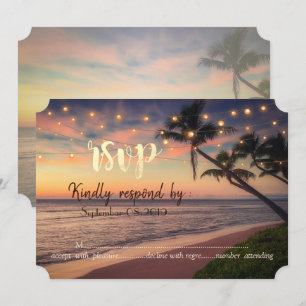 Convite Casamento na Praia do Pôr do Sol, Palmeiras, Luzes