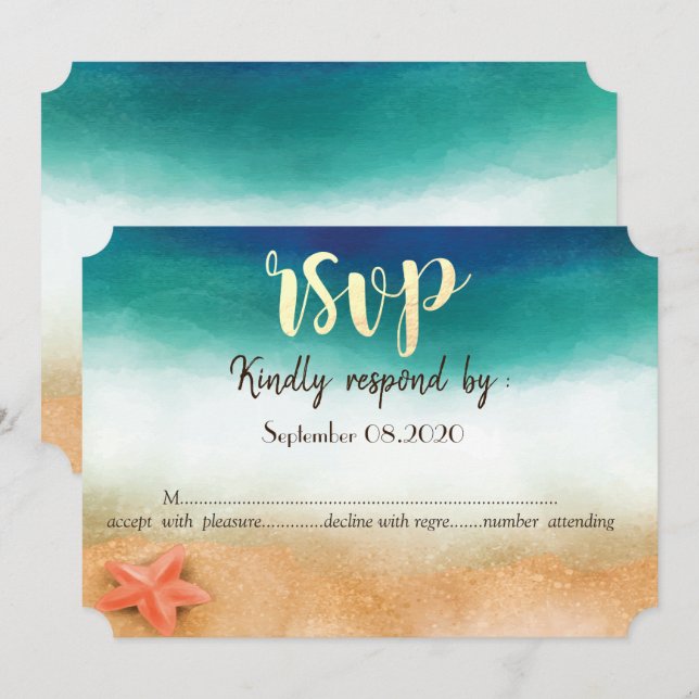 Convite Casamento na Praia, Estrela-do-Mar RSVP (Frente/Verso)
