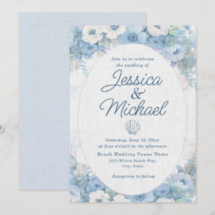 Convite Casamento na Praia Floral Azul Branco Costeiro