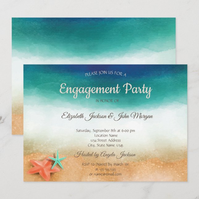 Convite Casamento na Praia, Noivado com Estrela-do-Mar (Frente/Verso)