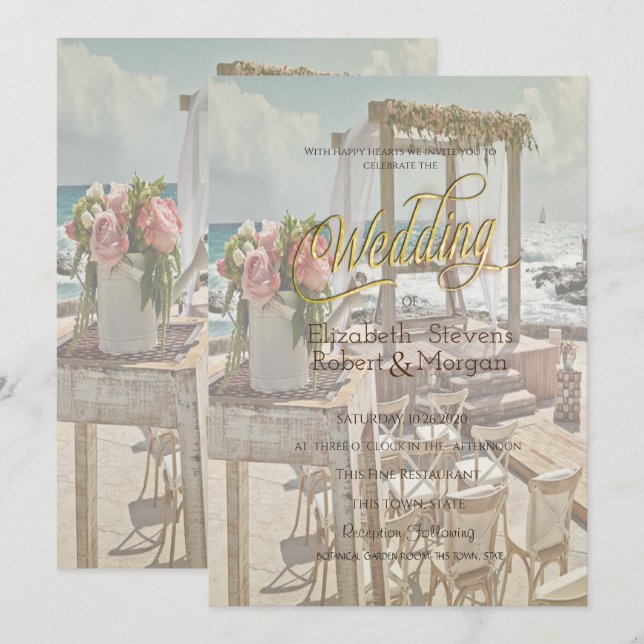 Convite Casamento na Praia Retro Arch (Frente/Verso)