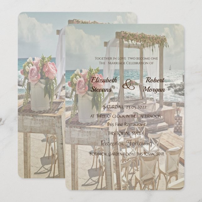 Convite Casamento na Praia Retro Arch (Frente/Verso)