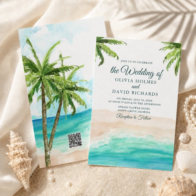 Convite Casamento na Praia Tropical com Código QR em Aquar (Watercolor Tropical Beach with QR Code Wedding Invitation)
