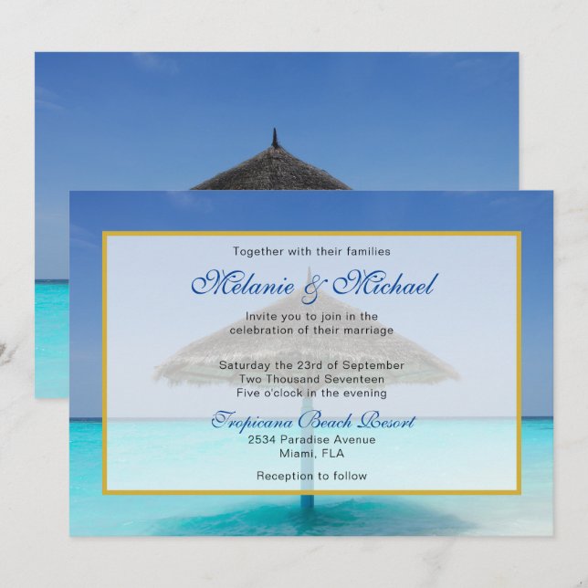 Convite Casamento na Praia Tropical com Guarda-Sol de Palh (Frente/Verso)