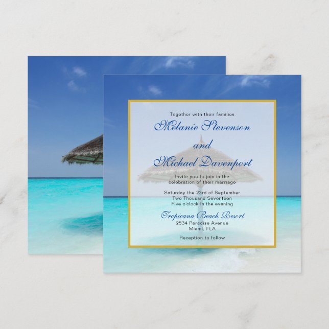 Convite Casamento na Praia Tropical com Guarda-Sol de Palh (Frente/Verso)