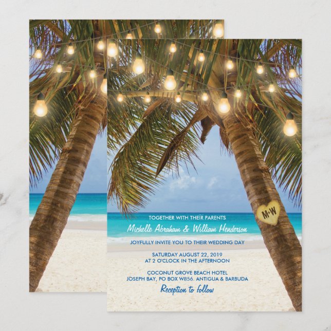 Convite Casamento na Praia Tropical com Luzes de Corda (Frente/Verso)