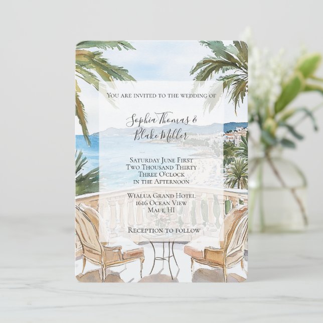 Convite Casamento na Praia Tropical da Riviera Francesa (Em pé/Frente)