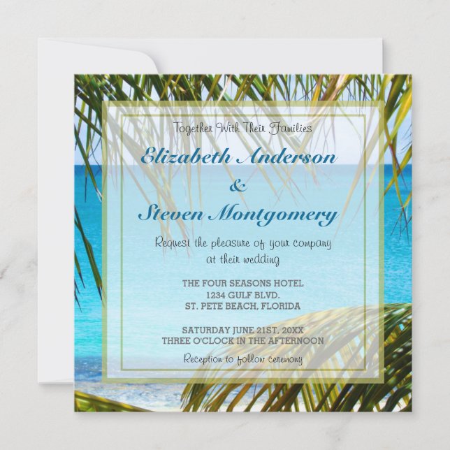 Convite Casamento na Praia Tropical emoldurado com Folhas  (Frente)
