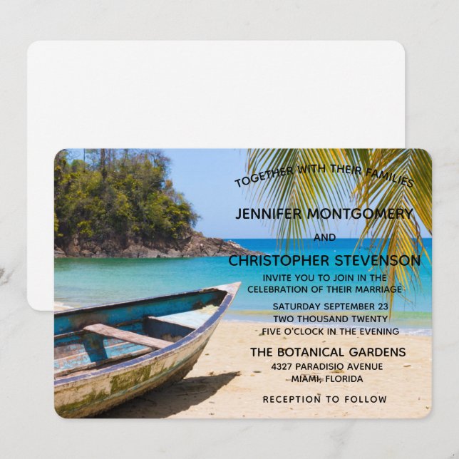 Convite Casamento na Praia Tropical Linda com um Barco a R (Frente/Verso)