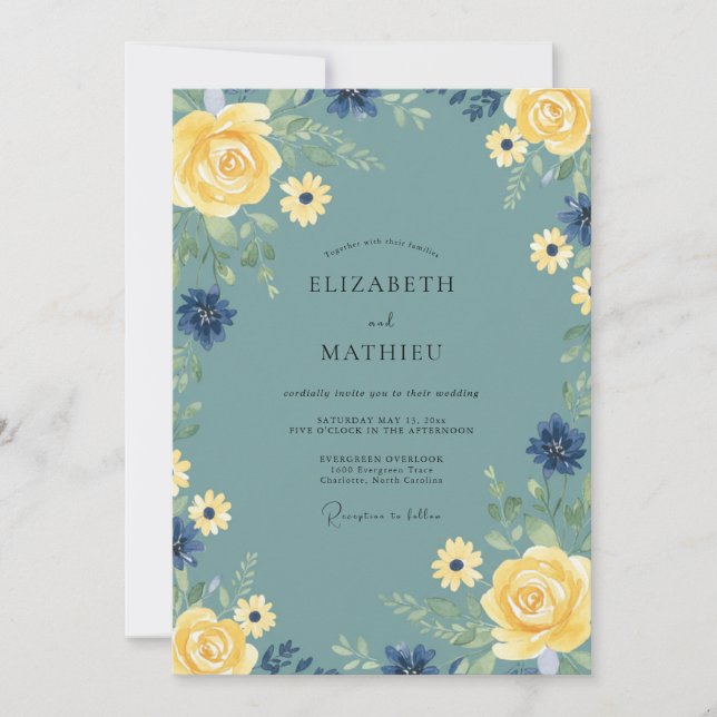 Convite Casamento na Primavera com Flor de Azul Desbotado (Frente)