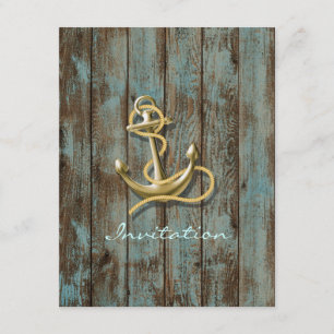 Convite casamento náutico âncora de madeira azul da doca
