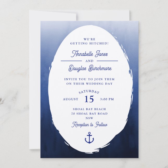 Convite Casamento Náutico Azul Branco Oval Aquarela (Frente)