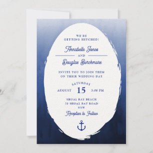 Convite Casamento Náutico Azul Branco Oval Aquarela
