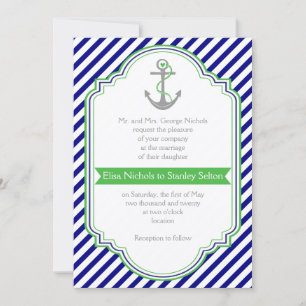 Convite Casamento náutico azul Marinho, âncora verde e l
